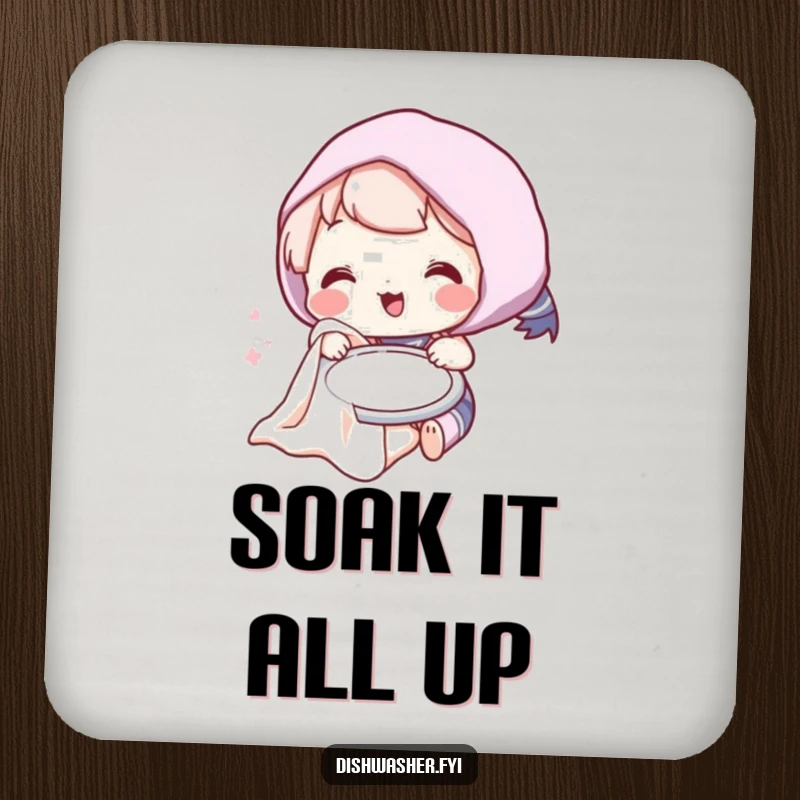 Funny drink coaster showcasing a playful character humorously drying a plate, protecting surfaces with a smile and charm.