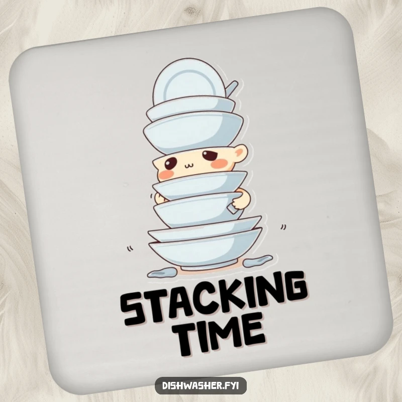 Funny drink coaster with a determined character stacking dirty dishes with great precision, protecting tables with organized humor.