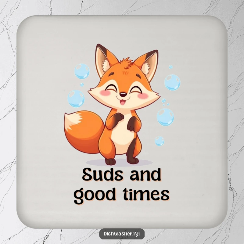 Funny fox coasters featuring a mischievous fox juggling soap bubbles, offering surface protection and a humorous, playful touch.