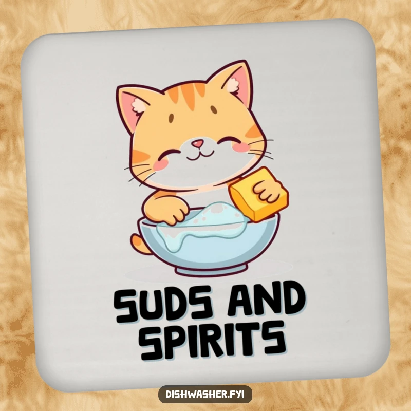 Funny happy cat character scrubbing dishes on a drink coaster, adding playful protection and charm, delightful funny gift.