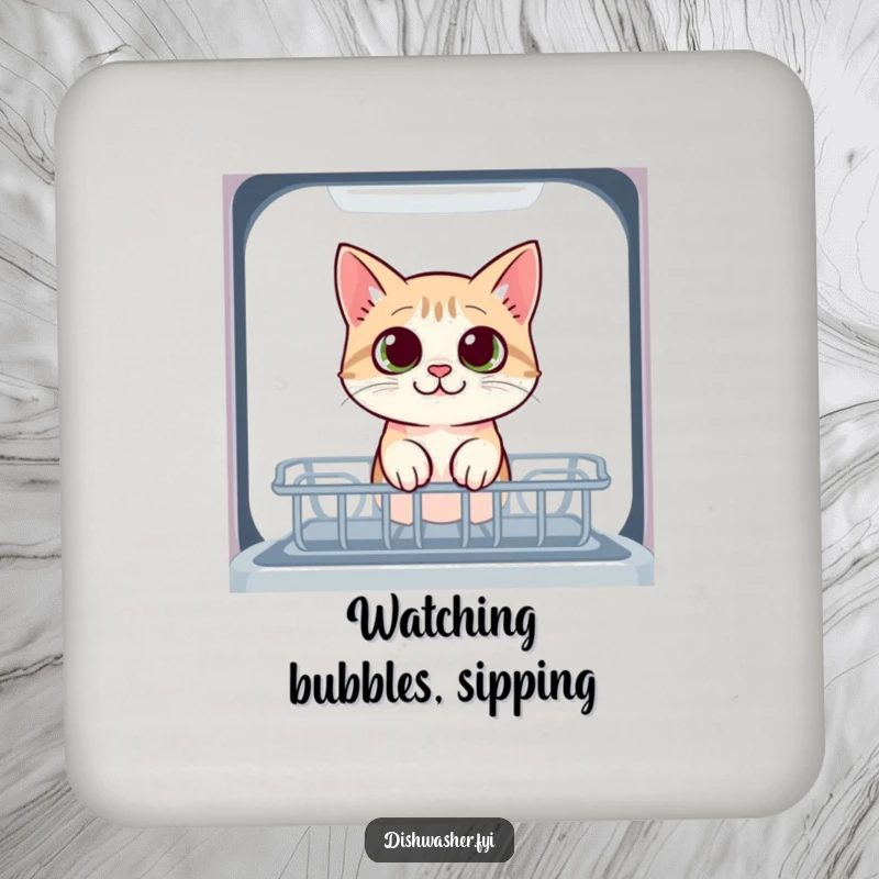 Funny cat coaster showing a curious cat peeking into the dishwasher with wide eyes, perfect for protecting surfaces with adorable humor.