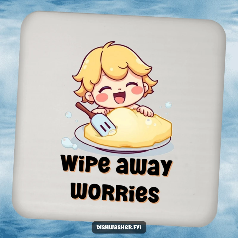 Funny drink coaster with a happy character scrubbing a plate using a giant, bubbly sponge. Protects surfaces with a humorous and diligent touch.