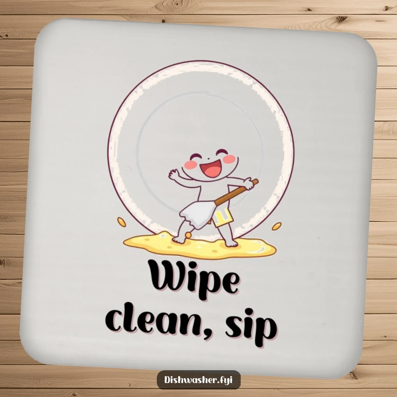 Funny drink coaster featuring a cheerful character scrubbing a plate with gusto, protecting surfaces with humorous, energetic charm.