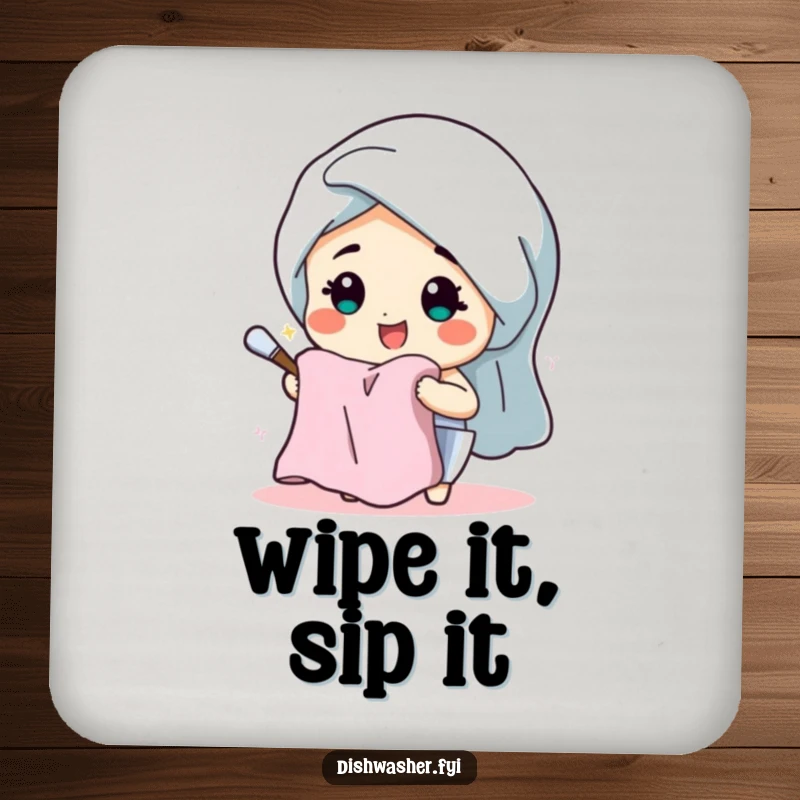 Funny coaster featuring a beaming character drying dishes with a fluffy towel, adding a cheerful touch to tabletops.