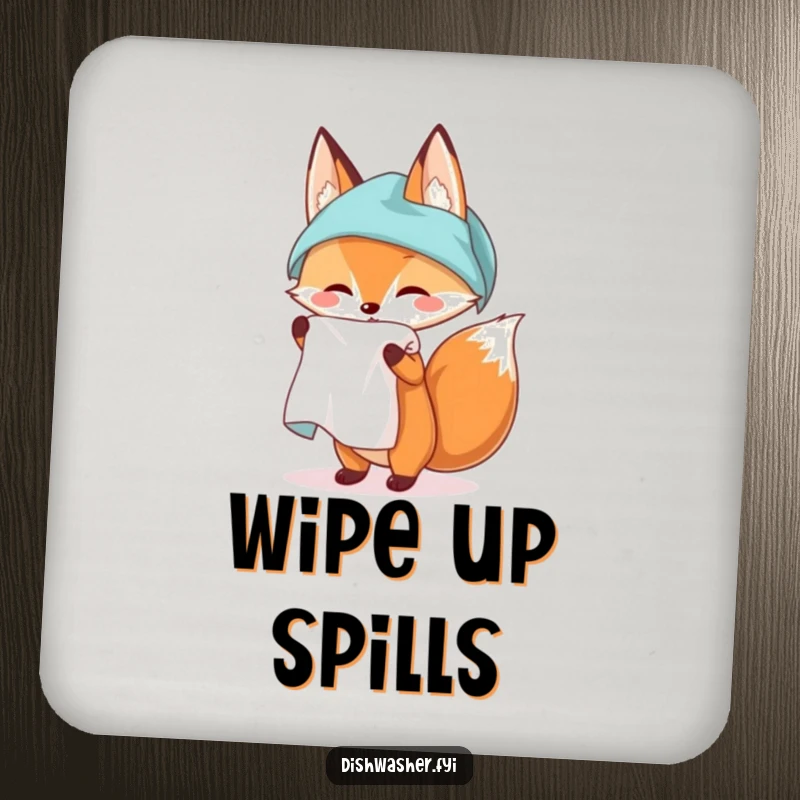 Funny coasters with a fox character unfurling a spotless kitchen towel, adding a humorous and stylish touch to drink protection.