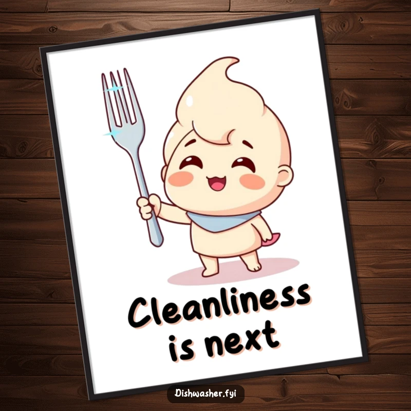 Funny poster of a smiling character triumphantly holding a sparkling clean fork, symbolizing culinary success and humorous victory.