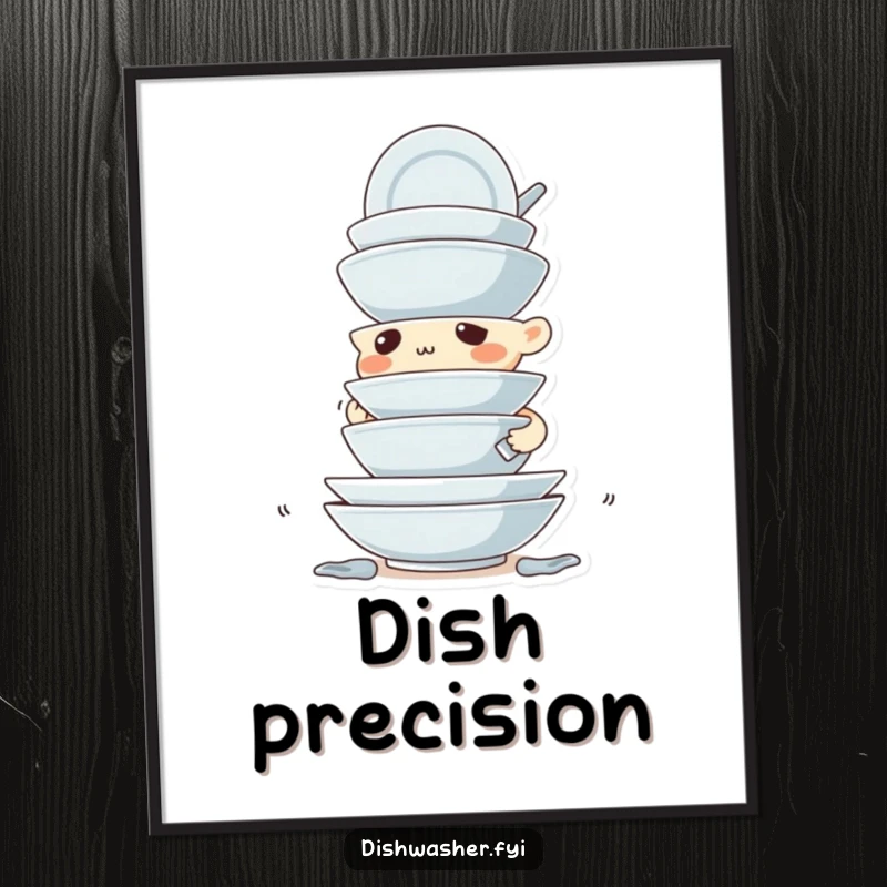 Funny poster of a focused, determined character meticulously stacking dirty dishes with extreme precision, perfect for wall art.