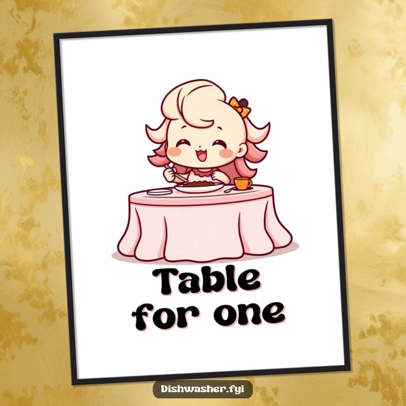 Funny beaming character meticulously setting a formal dining table with a flourish on a decorative poster.