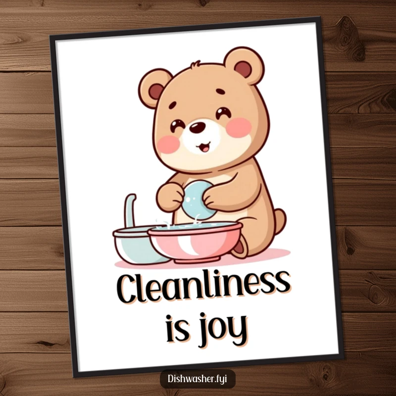 Funny bear poster illustrating a happy bear character diligently washing dishes with plentiful, cheerful soap bubbles, adding humor to decor.