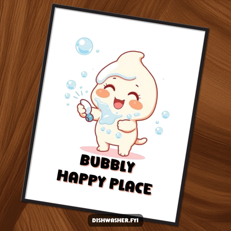 Funny poster showing a happy character gleefully spraying a dense cloud of dish soap bubbles with infectious joy.