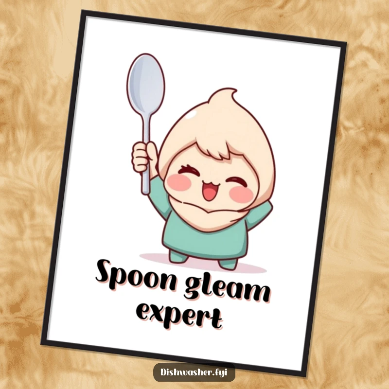 Funny poster of a character triumphantly holding a perfectly clean spoon with a wink, celebrating spotless achievements.