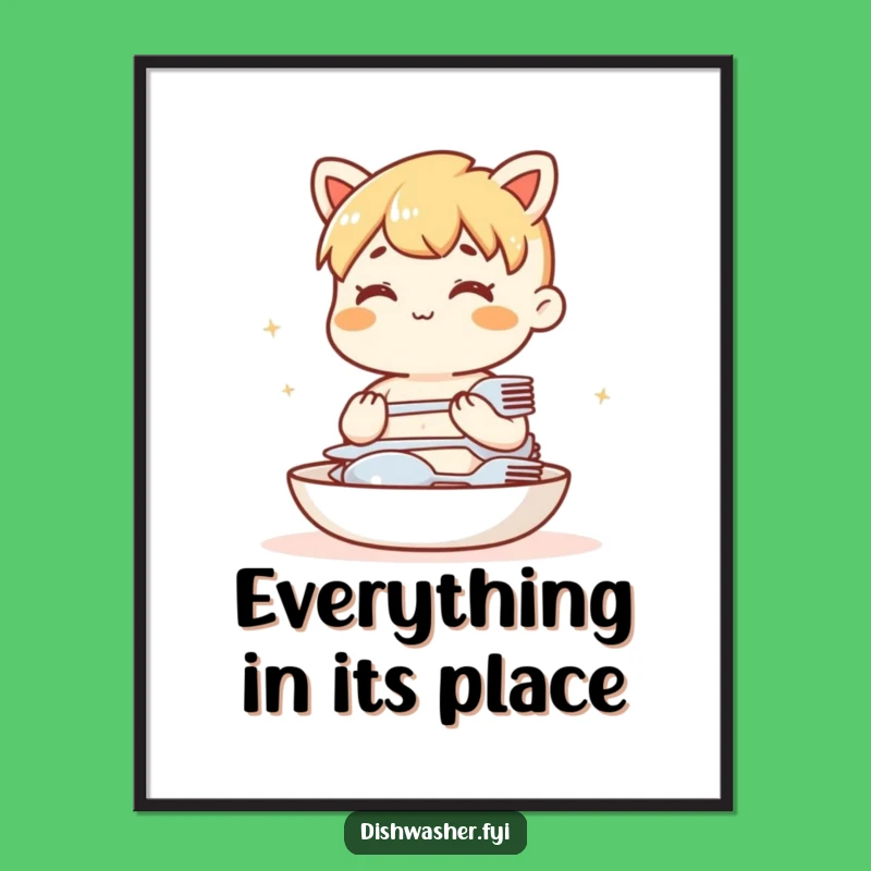 Funny Cutlery Stacking Poster: Content Character Humorous Kitchen Decor Art