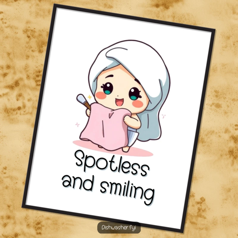 Funny poster of a beaming character drying dishes with a fluffy towel, radiating happiness and kitchen cleanliness in a charming illustration.