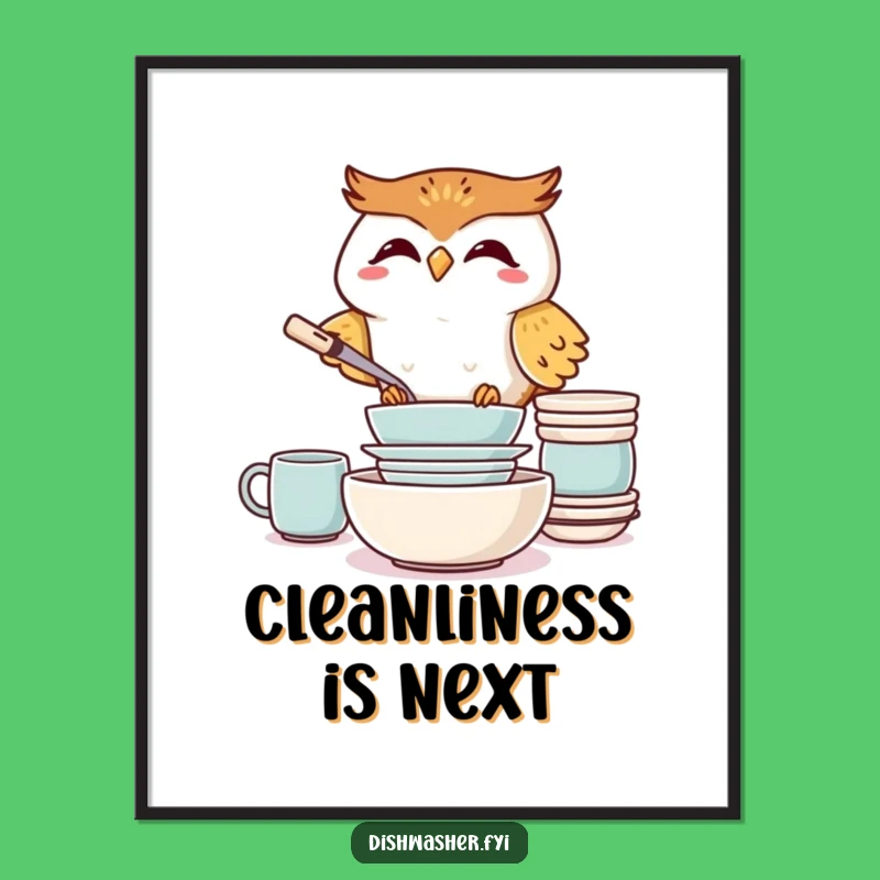 Funny Giggling Owl Poster: Hilarious Dish Stacking Art for Your Walls