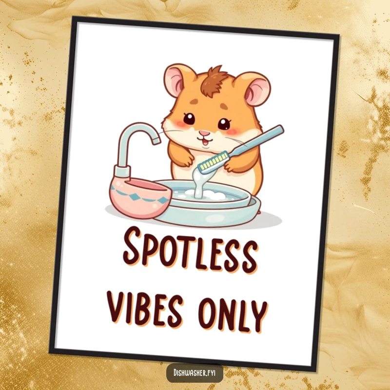 Funny poster of a hamster using a tiny toothbrush to wash a dish, creating a humorous and charming visual.