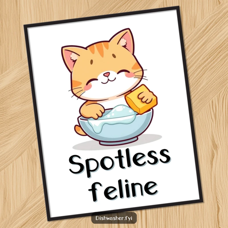 Funny happy cat character scrubbing a dish with bubbles on a poster, creating a clean and humorous scene, great funny gift.