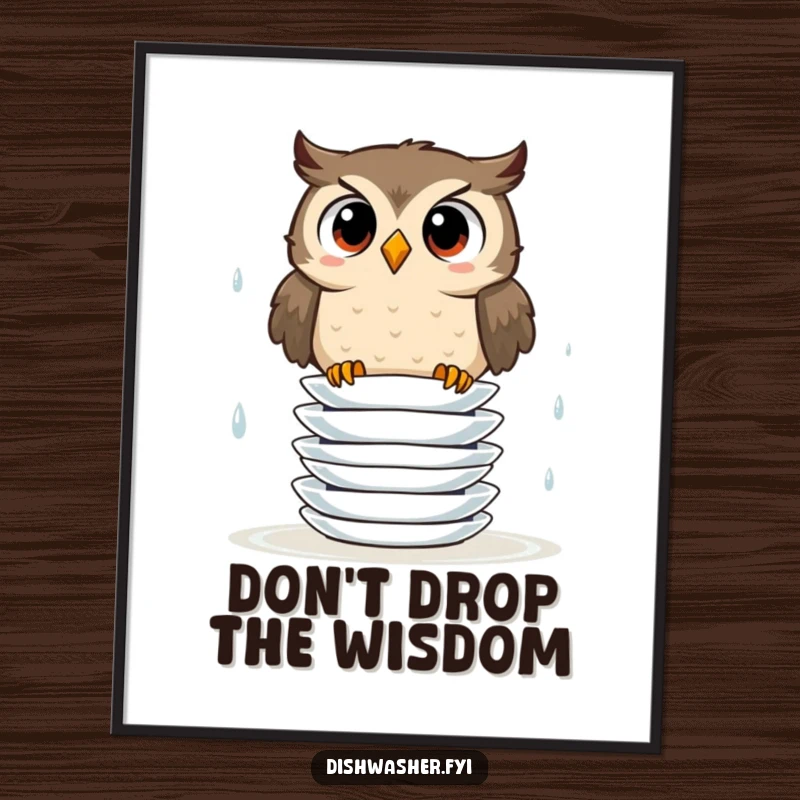 Funny poster depicting a surprised owl trying to stack wet plates without them falling, creating a humorous and relatable scene.