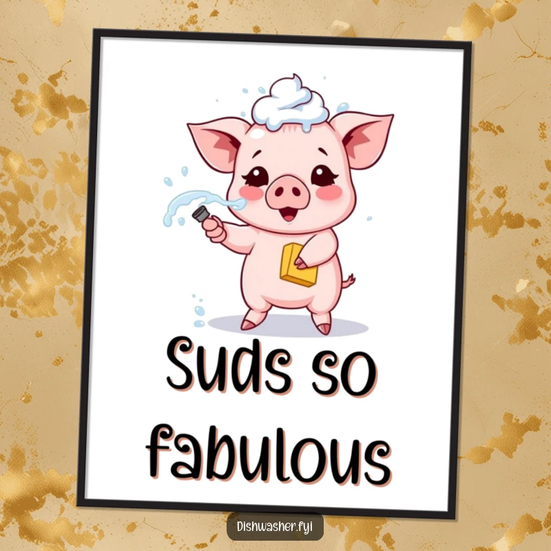 Funny piglet poster, showing a cute piglet proudly spraying soapy water from a sponge, humorous wall art for kitchen or nursery.