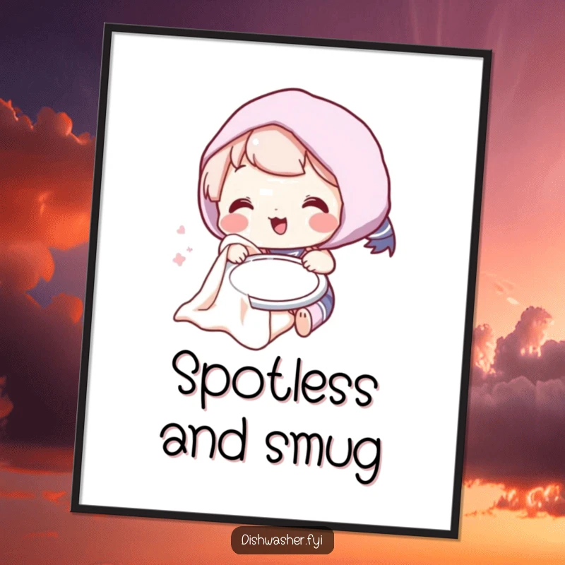 Funny poster showcasing a playful character comically drying a plate with a fluffy towel, adding whimsical humor to any room.