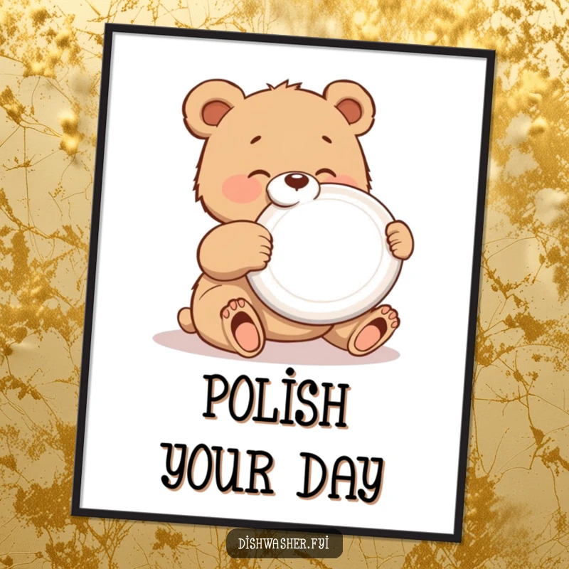 Funny poster showcasing a gleeful bear cub polishing a shiny plate, adding a humorous and sparkling artistic touch to any room.