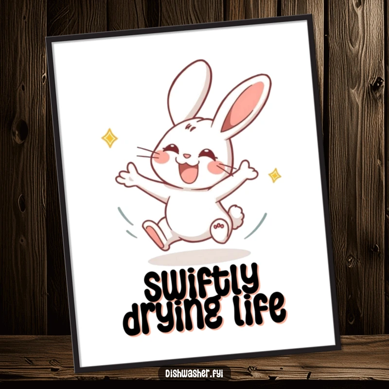 Funny rabbit poster illustrating a joyous rabbit drying plates with swift, energetic motions, adding a splash of speed and humor to decor.