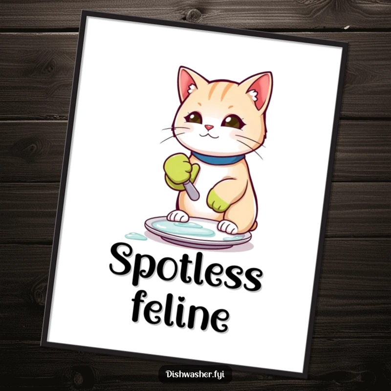 Funny poster artwork of a cat in a rubber glove, meticulously scrubbing a plate clean with comical intensity.