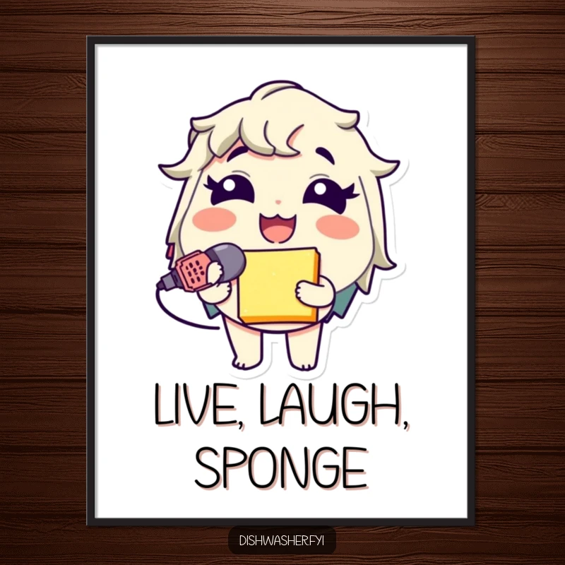 Funny Sponge Microphone Poster featuring a giggling character using a sponge as a microphone, adding jamming humor to wall decor.