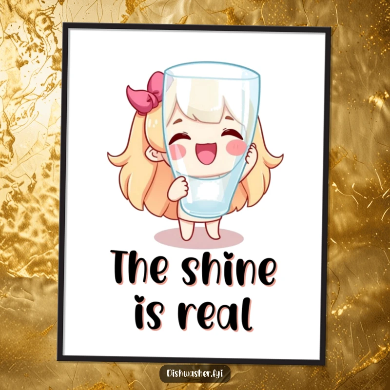 Funny poster depicting a joyful character beaming as they present a flawlessly clean, sparkling glass. Humorous wall art.