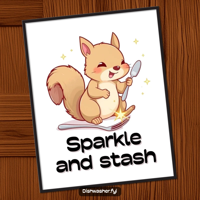 Funny squirrel poster, showing a happy squirrel putting away sparkling cutlery, humorous wall art for kitchen or living room.