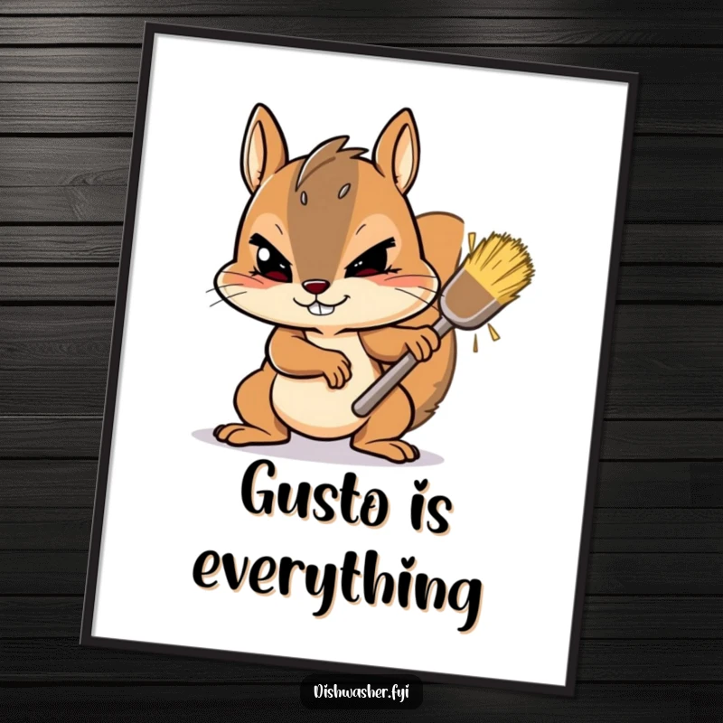 Funny Poster art of a determined squirrel character scrubbing a stubborn spot with gusto, bringing hardworking humor and inspiration to wall decor.