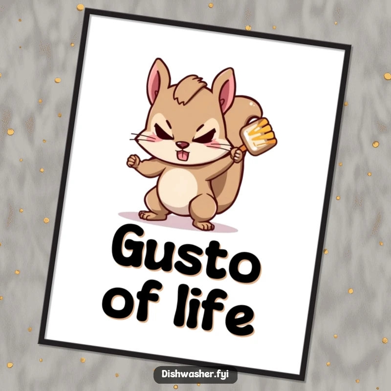 Funny squirrel poster illustrating a determined squirrel character scrubbing a stubborn spot with intense gusto, adding a splash of motivational humor to decor.