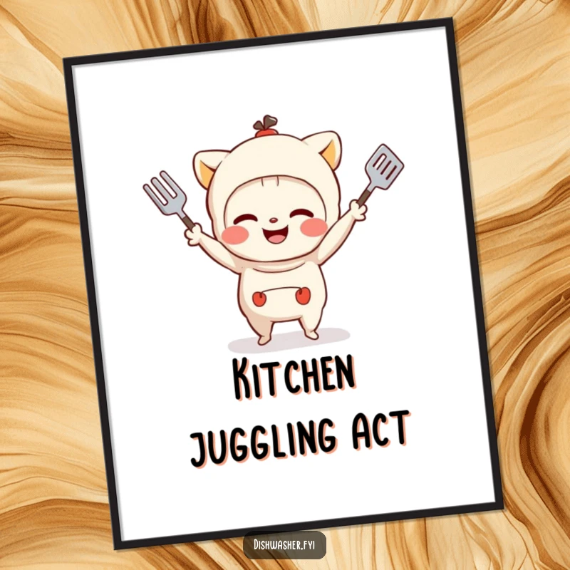 Funny poster of a mischievous character with a grin juggling small kitchen utensils, adding a touch of playful art to any room.