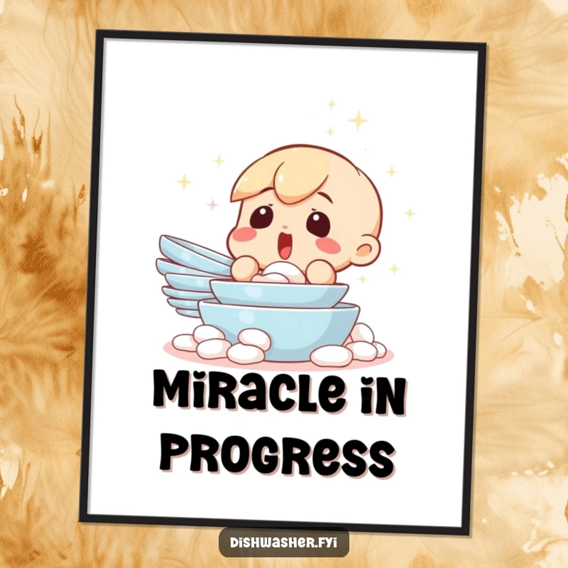 Funny poster print of a surprised character gazing in amazement at a perfectly clean stack of dishes. Celebrates the magic of a spotless kitchen.