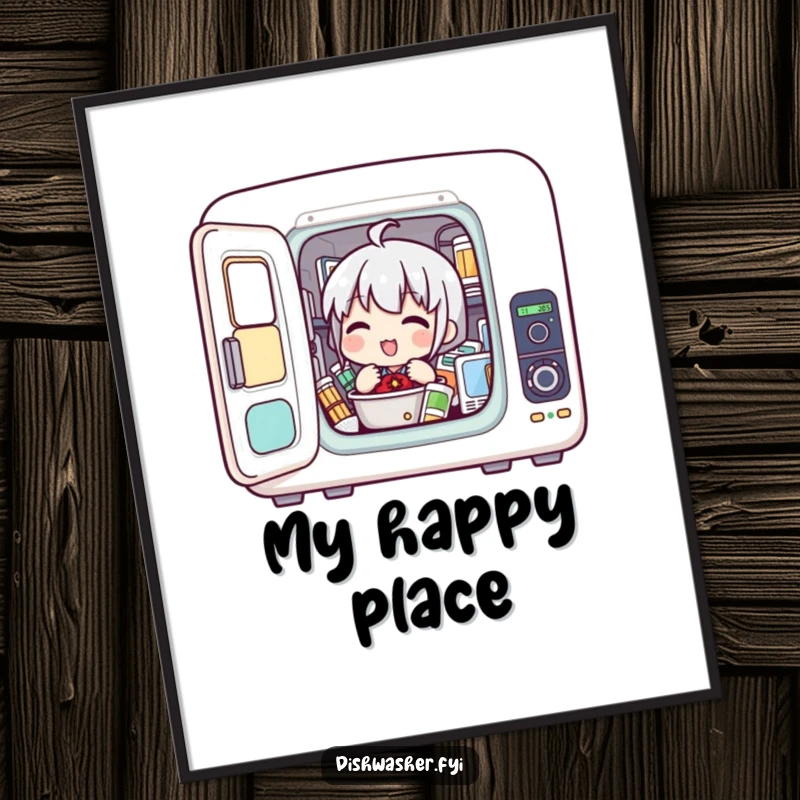 Funny poster illustrating a character enthusiastically loading items into a compact appliance, perfect for home or office decor.