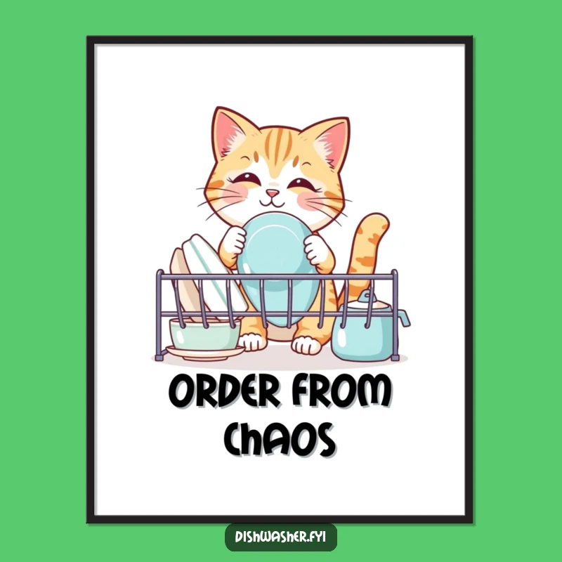 Funny Cat Dish Rack Art Poster: Whimsical Pet Humor Wall Decor Gift