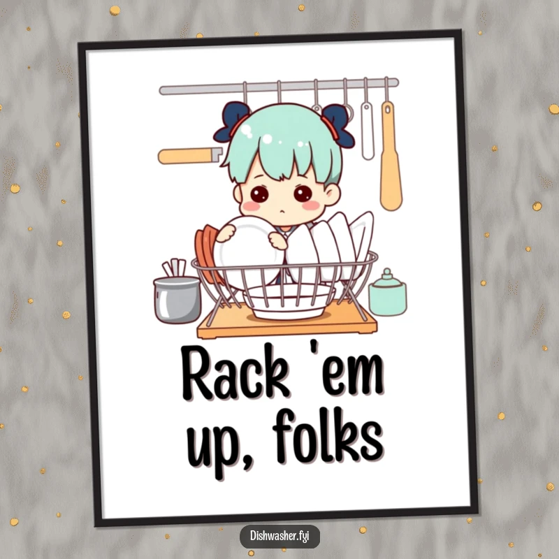Funny poster showing a focused character determinedly arranging dishes in a drying rack, a humorous take on domestic order.
