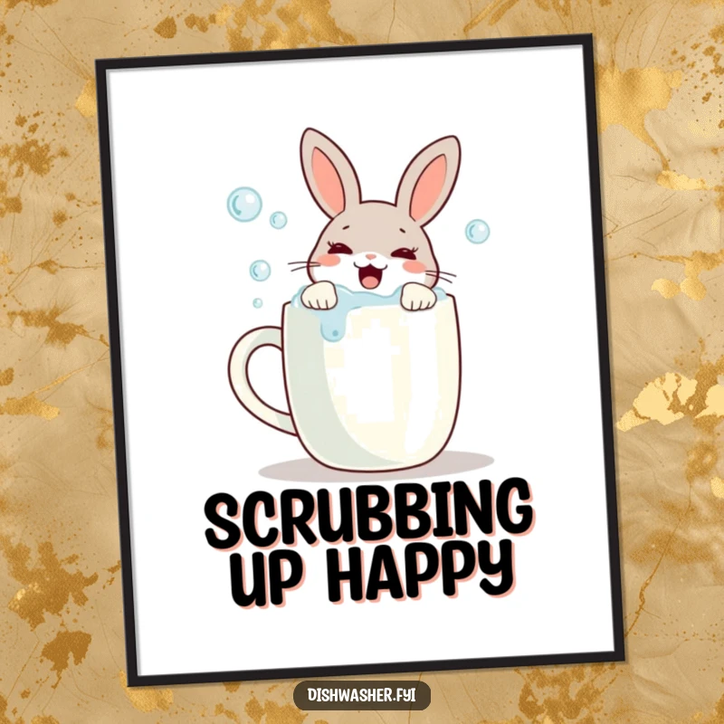 Funny poster showcasing a joyful rabbit scrubbing bubbles off a mug, adding a humorous and sparkling artistic touch to any room.