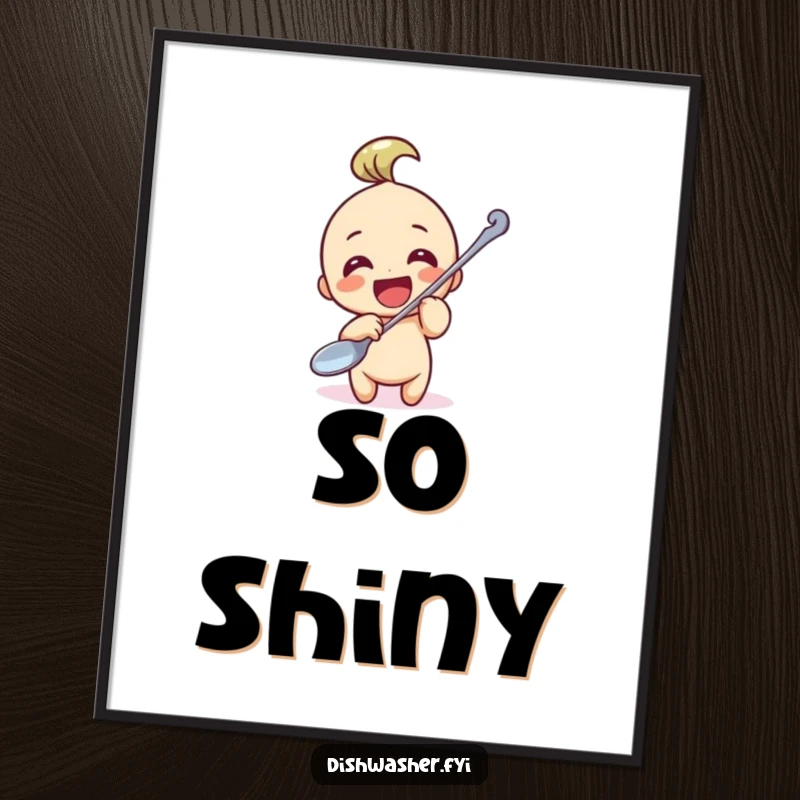 Funny Poster: A character in mid-polish on a large spoon, a humorous artwork capturing dedication and shine for wall decor.