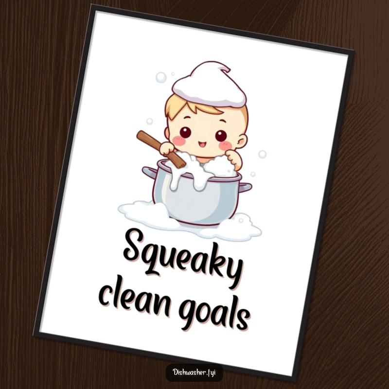 Funny poster of a cute character happily scrubbing a large pot with bubbly soap, a humorous and charming kitchen decoration.