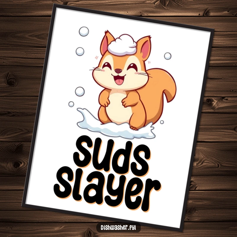 Funny playful squirrel character chasing soap suds on a poster, depicting energetic fun and cleanliness, great funny gift.