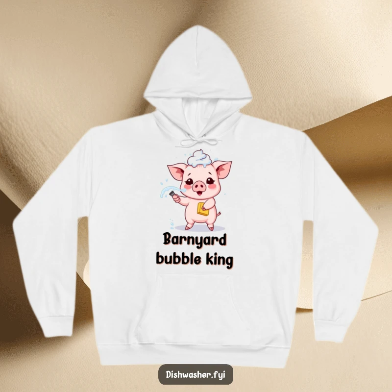 Funny piglet hoodie, showing a cute piglet spraying soapy water from a sponge, comfortable and humorous farm-themed apparel.
