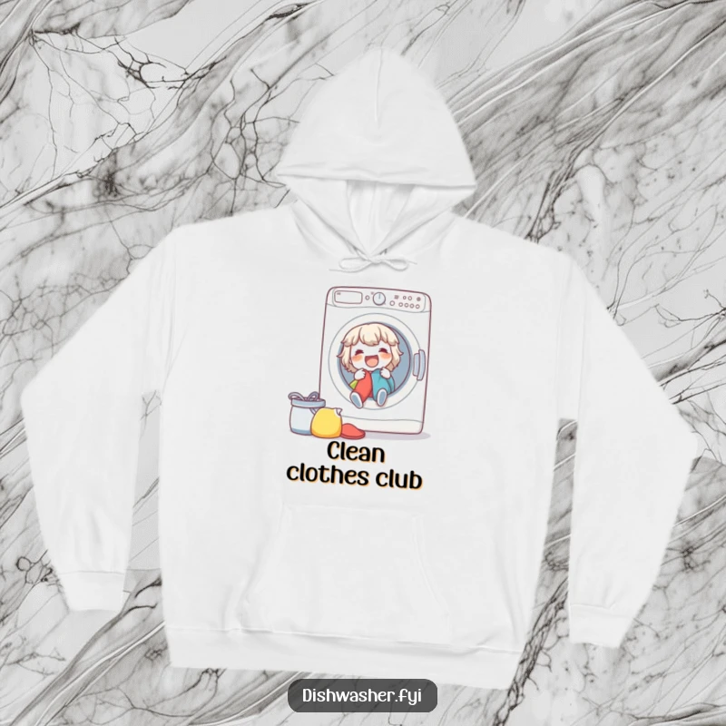 Funny spirited character happily loading a washing machine with clothes on a soft hoodie, perfect for laundry day.