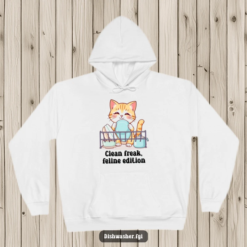 Funny cat hoodie, showing a cute cat diligently arranging clean dishes in a rack, a humorous and warm piece of apparel.