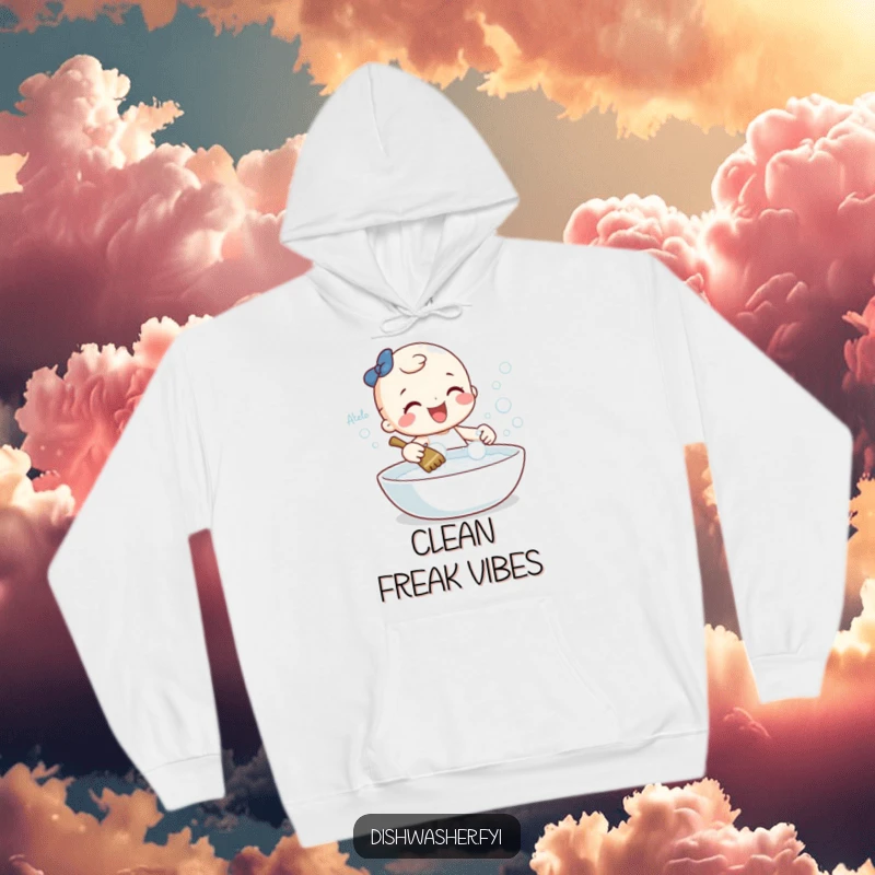 Funny hoodie depicting a cheerful character gleefully scrubbing a sparkling dish with bubbles, offering warmth and a dose of clean humor.