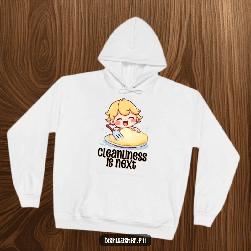 Funny hoodie depicting a happy character furiously scrubbing a plate with an oversized, bubbly sponge. Represents the satisfying effort of cleaning.