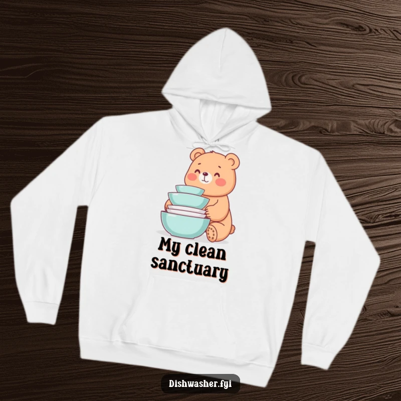 Funny hoodie showcasing a whimsical bear smiling at a neat stack of freshly washed dishes, bringing warm and humorous vibes.