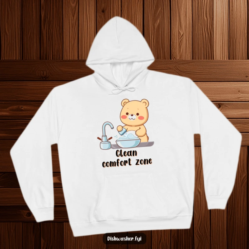 Funny Hoodie featuring a cheerful bear washing dishes with a happy, bubbly look, perfect for cozying up after chores.