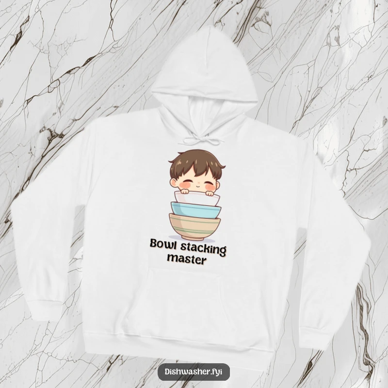 Funny Bowl Master Hoodie featuring a contented character admiring clean bowls, offering warmth and domestic bliss humor.