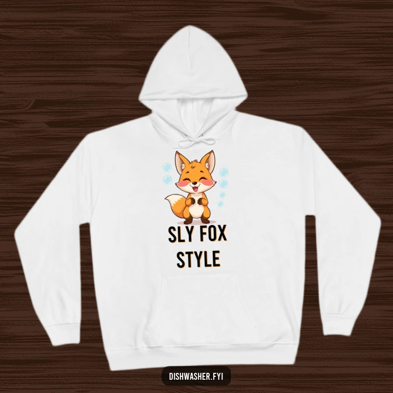 Funny Hoodie featuring a mischievous fox juggling soap bubbles with great glee, offering warmth and a delightfully whimsical feel.