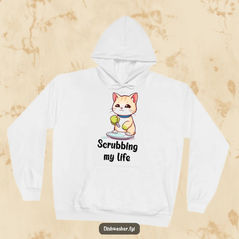 Funny hoodie showcasing a dedicated cat wearing a rubber glove and scrubbing a plate, bringing humorous cleanliness vibes.